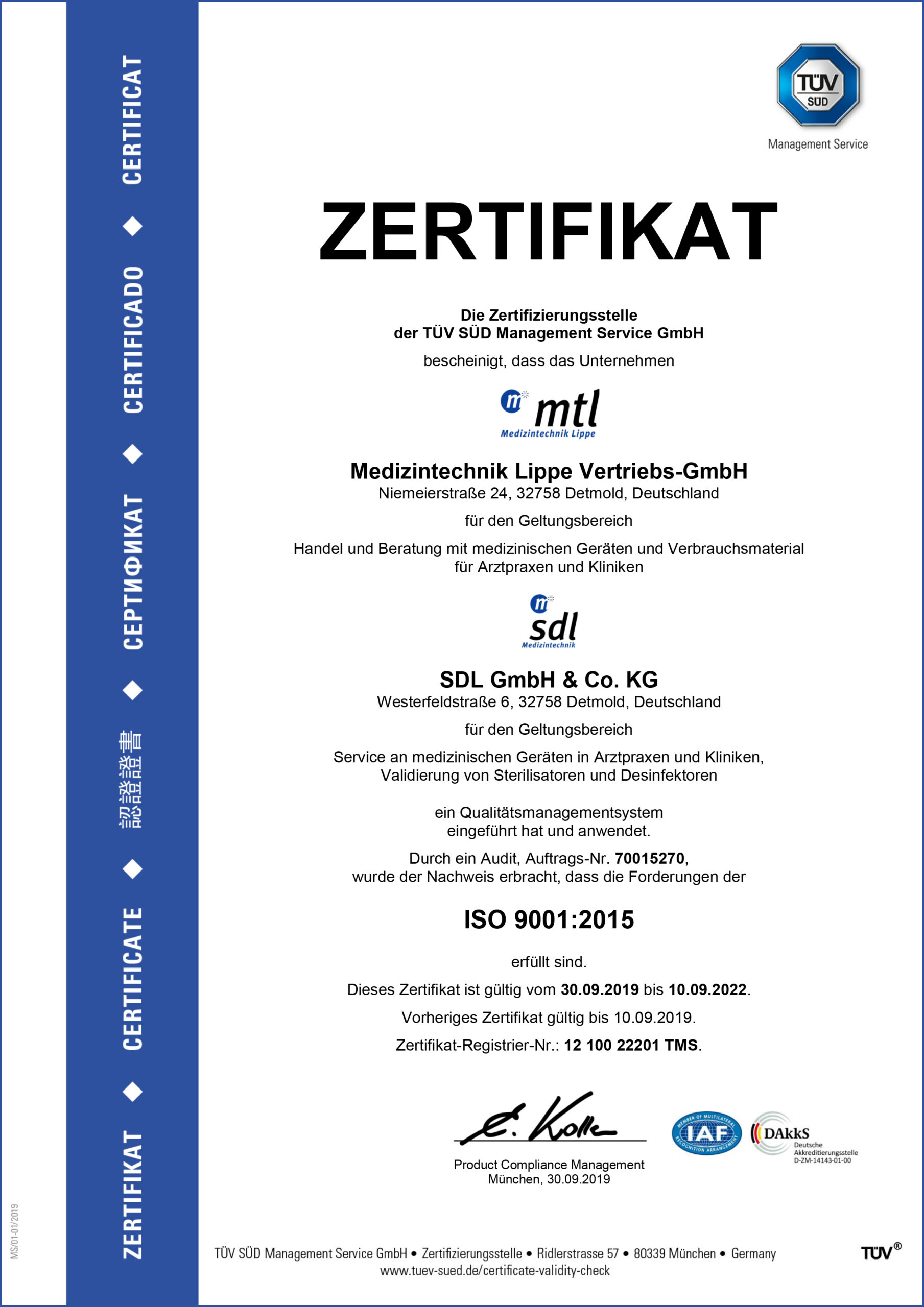 Zertifikat MTL/SDL